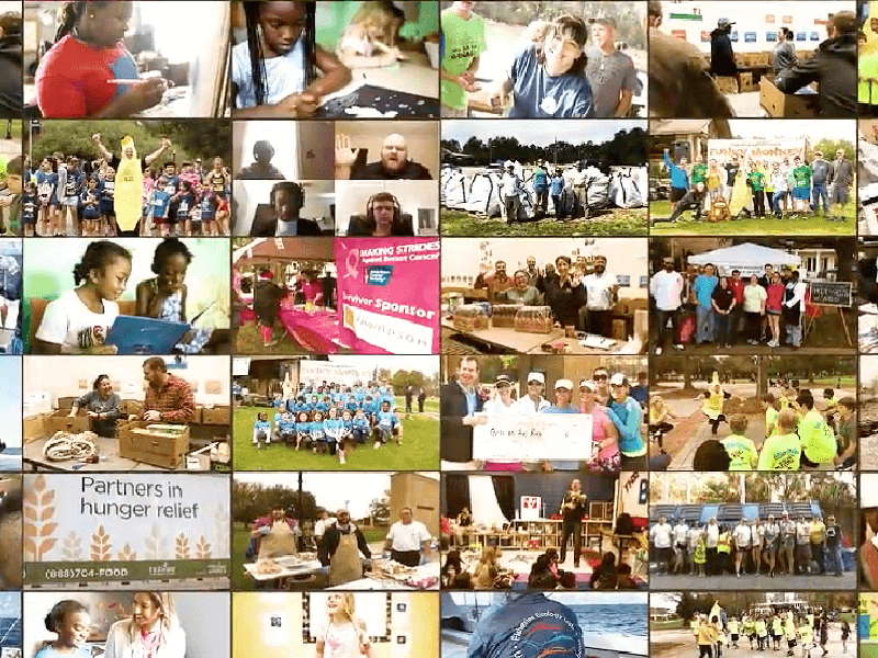 Collage of diverse community events and volunteer activities highlighting teamwork and charity efforts.