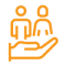 Orange Icon Of A Hand Holding Two Human Figures, Symbolizing Support And Care.