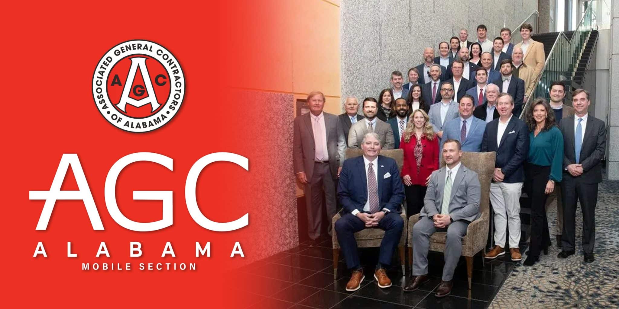 Group portrait of the 2026 Alabama AGC Mobile Section Officers and Directors on a grand staircase, positioned next to a vibrant red panel featuring the Alabama AGC Mobile Section logo in white.